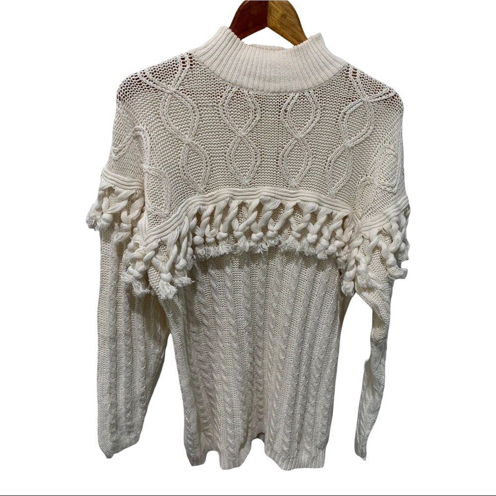YAMAMOTO RIBBED IVORY BRAIDED CABLE KNIT LONG SLEEVE DESIGNER SWEATER